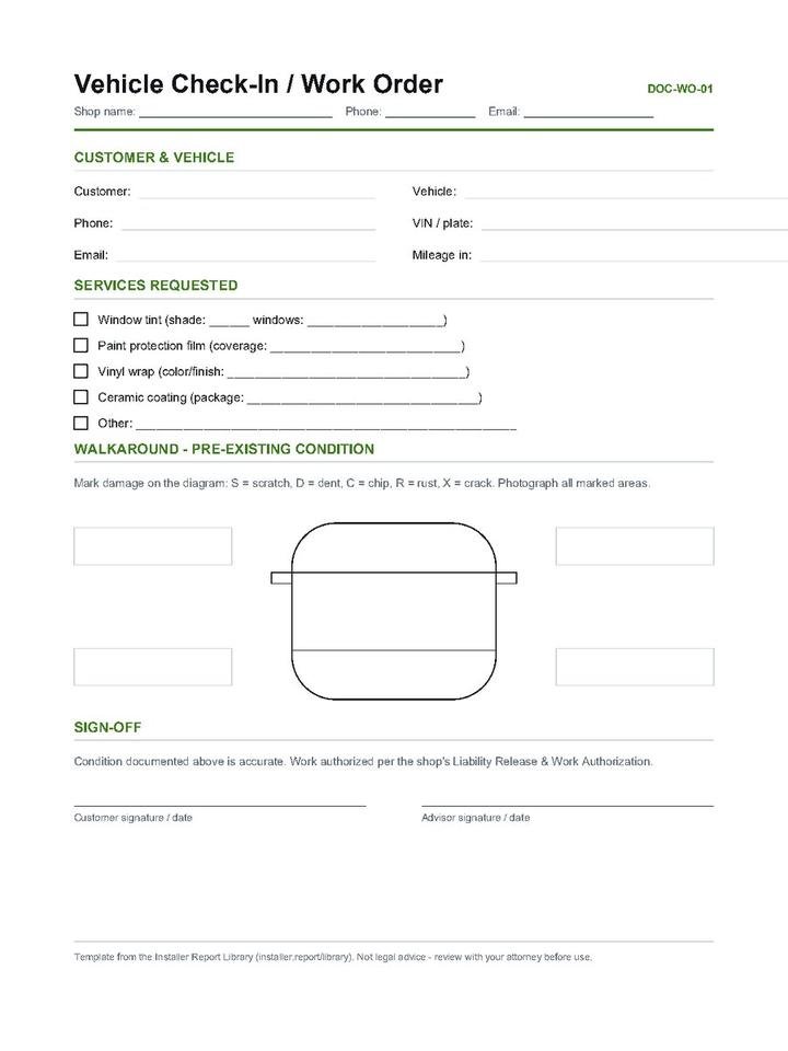 Vehicle Check-In / Work Order — cover